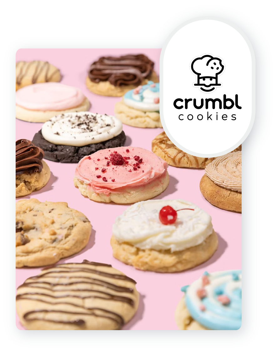 An array of Crumbl's cookies and the Crumbl logo.