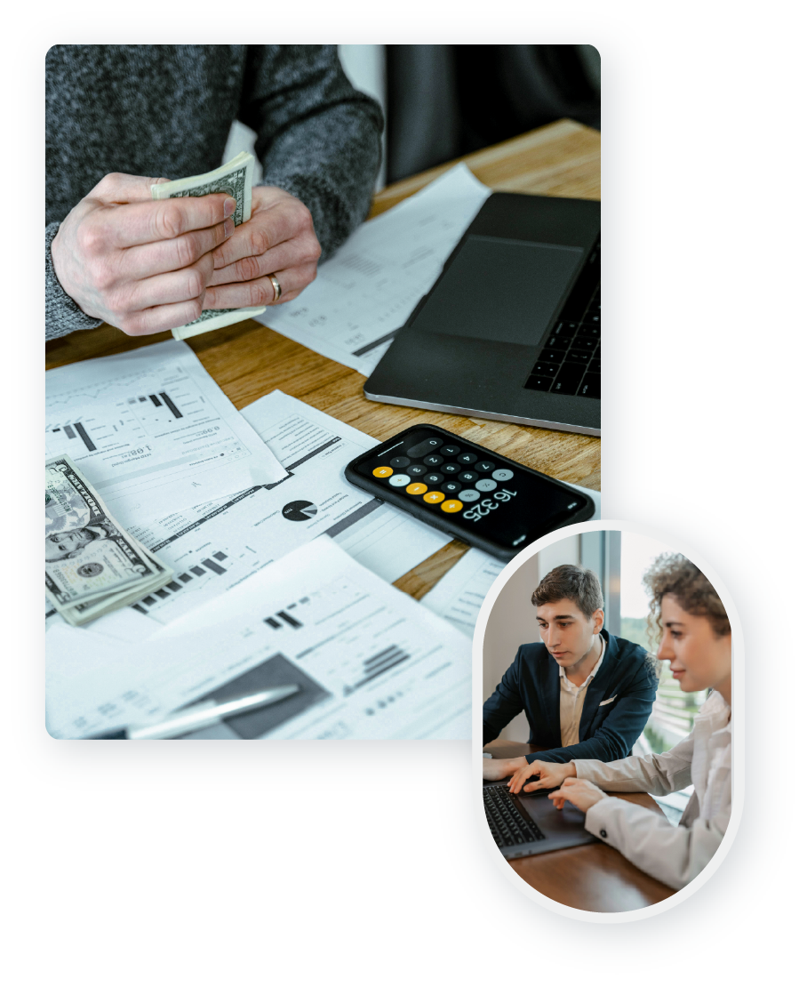 Hands going through a stack of cash with a calculator and documents on the desk.