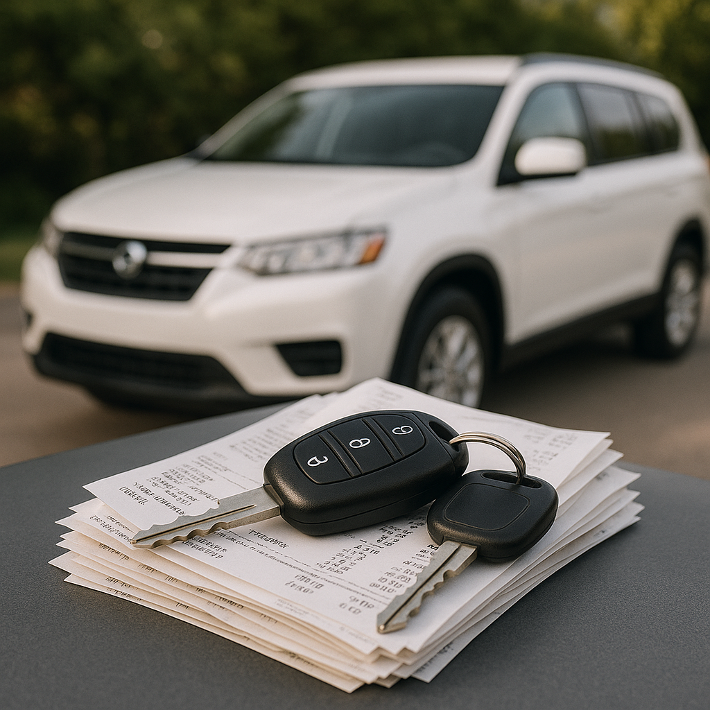 Car keys placed on top of receipts with a vehicle in the background, representing mileage reimbursement vs actual auto expense deductions