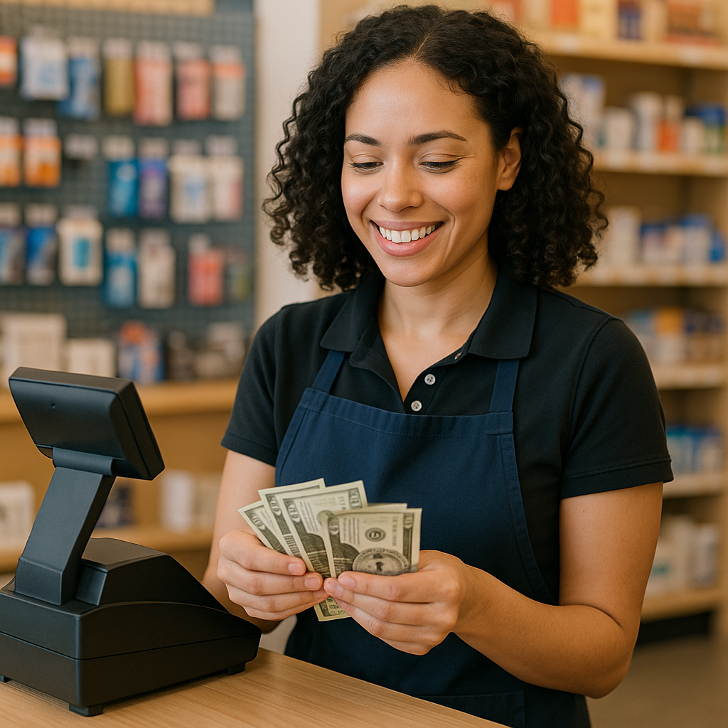 Retail employee counting cash at a register in a small business shop.